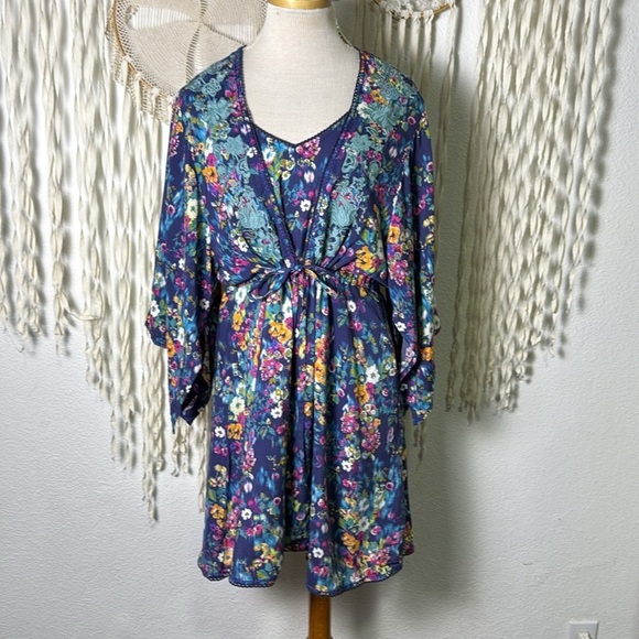 Sundance Blue Floral Slip and Pullover Robe Dress Loungewear Set Size M - Picture 2 of 14